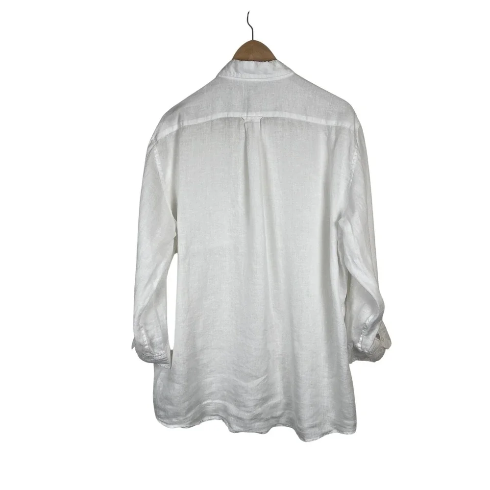 Muji Mens XL White 100% Linen Button Down Shirt 3/4 Sleeve Minimalist Coastal